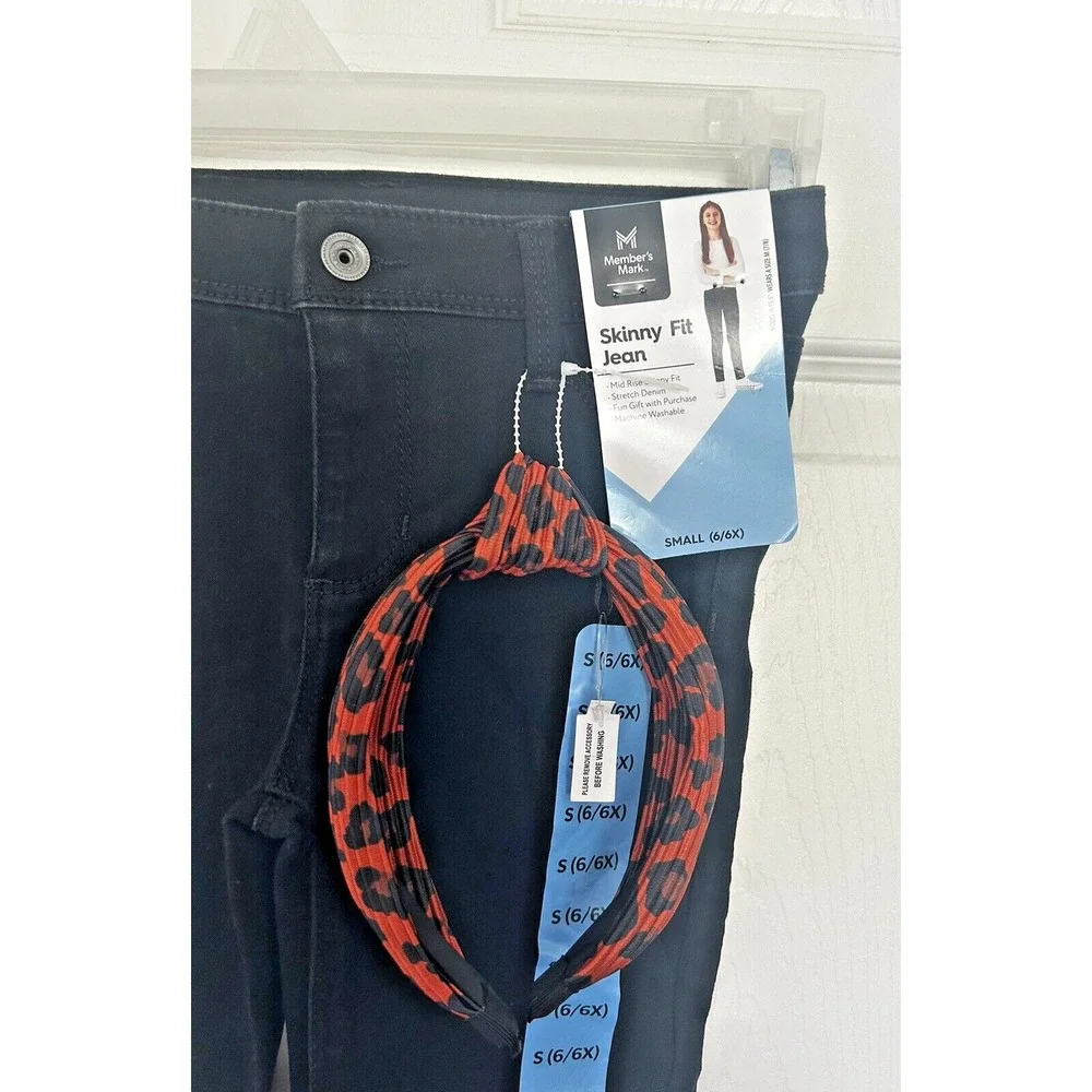 Girls Skinny Fit Jean Size S 6/6X Black Denim & Headband Members Mark‎ 22w X 19L